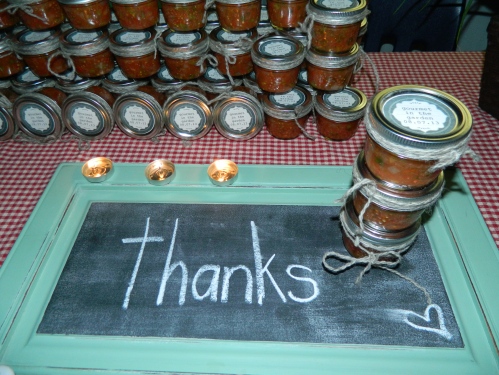 Parting gifts of home made salsa for our guests to take home. 